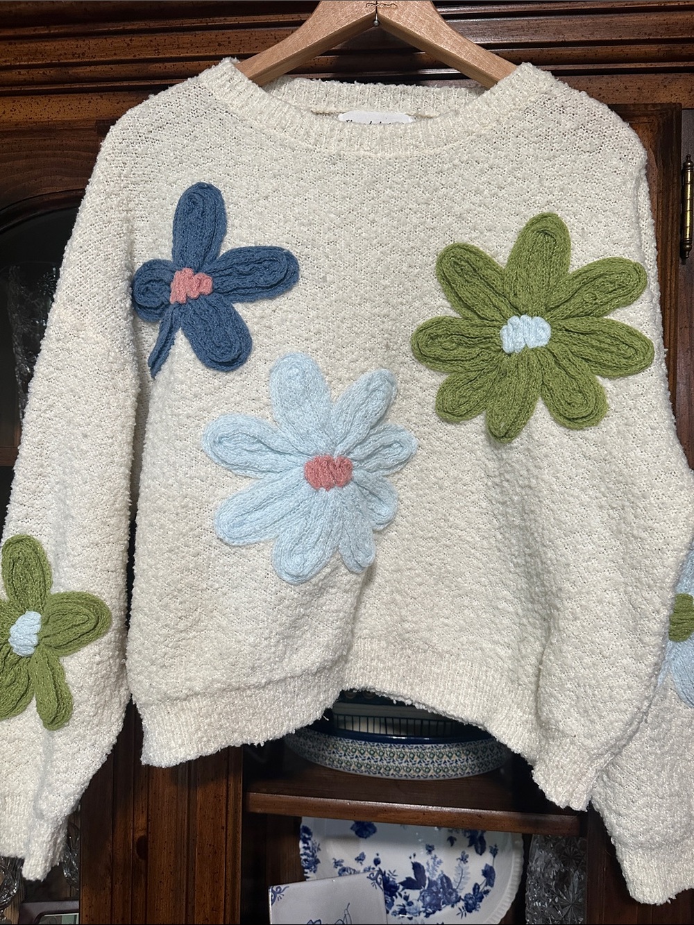 Boho Floral Appliqué Crewneck Sweater - Women